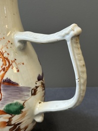 Four Chinese famille rose cups and saucers and an ewer with design of two horses, Qianlong