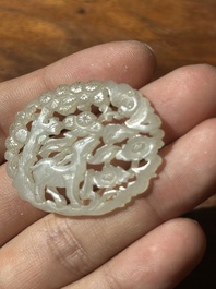 Two Chinese white jade plaques with deer, bat and double happiness design, 19th C.