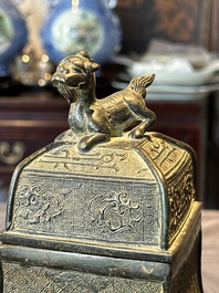 A Chinese archaistic bronze ritual wine vessel and cover in Western Zhou-style, 'fang hu 方壺', Ming