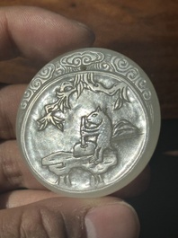 A Chinese white jade 'moon hare and rooster' plaque, Qing