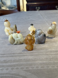 Six Chinese carved jade and agate 'figural' snuff bottles, 19/20th C.