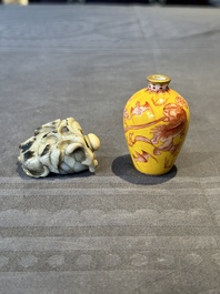 A Chinese jade snuff bottle and a yellow-ground iron-red snuff bottle, Daoguang mark, 19th C.