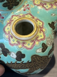 A Chinese famille rose turquoise-ground 'dragon' flower vase, 19th C.
