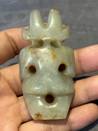 Three Chinese jades and an agate belt hook, Shang and later