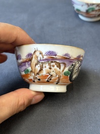 Four Chinese famille rose cups and saucers and an ewer with design of two horses, Qianlong