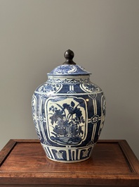 A Chinese blue and white jar and cover with floral design, Wanli