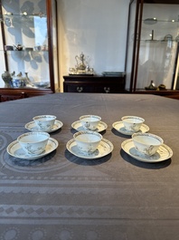 Six Chinese grisaille cups and saucers with Magu and a servant, Yongzheng/Qianlong