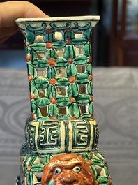Two Chinese famille rose vases, two teapots and a Japanese wucai ewer, 19th C.