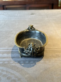 A rare Chinese bronze narcissus basin-shaped censer with dragon handles, Xuande mark, 17th C.