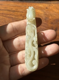 Two fine Chinese white jade carved belt hooks, Qing