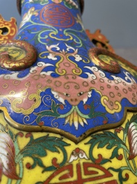 A Chinese yellow and blue-ground cloisonn&eacute; 'Shou' moonflask vase, 'bianhu', Jiaqing