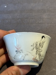 Six Chinese grisaille cups and saucers with Magu and a servant, Yongzheng/Qianlong