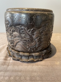 A Chinese Zitan wood 'chilong' brush pot, 17/18th C.