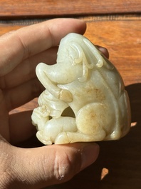A Chinese white and russet jade 'Lu Ru Feng Qin 鹿乳奉親' carving, Qing