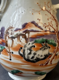 Four Chinese famille rose cups and saucers and an ewer with design of two horses, Qianlong