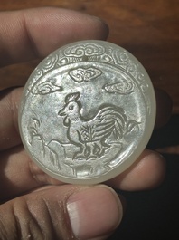 A Chinese white jade 'moon hare and rooster' plaque, Qing