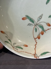 A Chinese famille verte celadon-glazed plate, Jiajing mark, Kangxi/Yongzheng