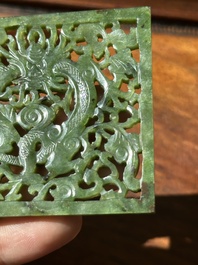 A Chinese jade 'dragon' plaque, a 'double-happiness' plaque and a jade inset silver brooch, 19th C.