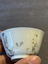 Six Chinese grisaille cups and saucers with Magu and a servant, Yongzheng/Qianlong