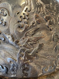 A Chinese Zitan wood 'chilong' brush pot, 17/18th C.
