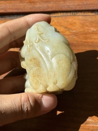 A Chinese white and russet jade 'Lu Ru Feng Qin 鹿乳奉親' carving, Qing
