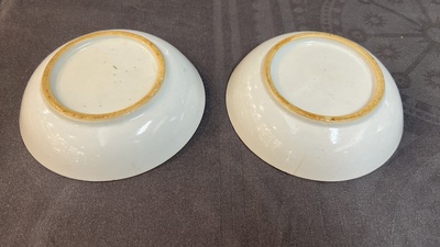 Four Chinese famille rose cups and saucers and a sugar bowl with design of two horses, Qianlong
