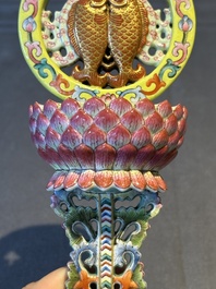 A rare Chinese famille rose Buddhist emblem altar ornament, Qianlong mark and of the period