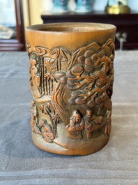 A Chinese carved bamboo 'Seven Sages of the Bamboo Grove' brush pot, 19th C.