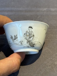 Six Chinese grisaille cups and saucers with Magu and a servant, Yongzheng/Qianlong