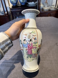 Two Chinese famille rose vases, two teapots and a Japanese wucai ewer, 19th C.