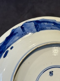 Two Chinese blue and white plates with figural design, Wanli and Kangxi mark, Kangxi