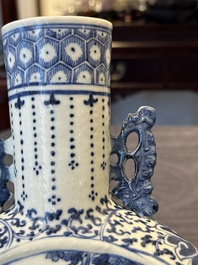 A pair of Chinese blue and white moonflasks or 'bianhu', Kangxi mark, 19th C.
