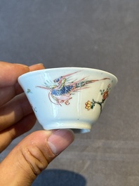 Five Chinese famille rose cups and saucers with horses, birds and flowers, Yongzheng/Qianlong