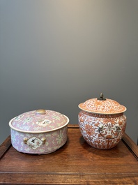 A Chinese iron-red-decorated covered bowl and a famille rose covered bowl, 19th C.