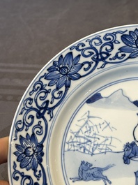 A pair of Chinese blue and white 'hunting scene' plates, Qi Yu Bao Ding Zhi Zhen 奇玉寶鼎之珍 mark, Kangxi