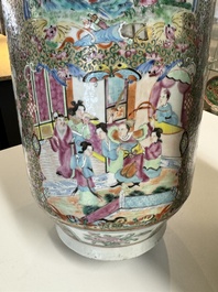 A pair of Chinese Canton famille rose vases with figures, flowers and insects, 19th C.
