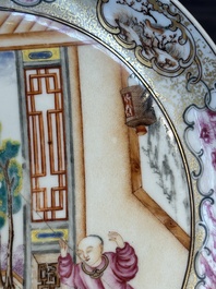Two Chinese Canton famille rose 'mandarin subject' plates and a saucer, Qianlong