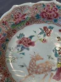 Three Chinese famille rose flower-shaped 'He Xiangu' plates, Yongzheng