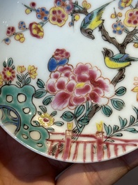Five Chinese famille rose cups and saucers with horses, birds and flowers, Yongzheng/Qianlong