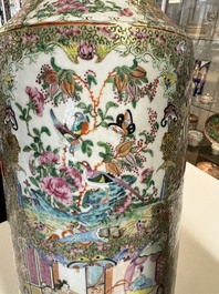 A pair of Chinese Canton famille rose vases with figures, flowers and insects, 19th C.