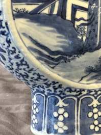 A pair of Chinese blue and white moonflasks or 'bianhu', Kangxi mark, 19th C.