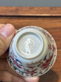 Nine Chinese famille rose cups and eight saucers, Yongzheng/Qianlong
