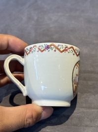 Three Chinese export famille rose 'European subject' cups and two saucers, Qianlong