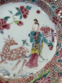 Three Chinese famille rose flower-shaped 'He Xiangu' plates, Yongzheng