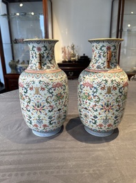 A pair of Chinese famille rose vases with floral design, Jiaqing mark, 19/20th C.