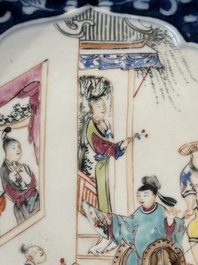 Two Chinese Canton famille rose 'mandarin subject' plates and a saucer, Qianlong