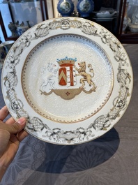 A Chinese bianco sopra bianco Belgian market armorial dish and a famille rose Dutch market armorial plate, Qianlong