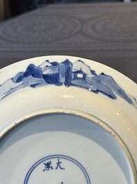 Three Chinese blue and white plates with figural design, Chenghua and Kangxi mark, Kangxi