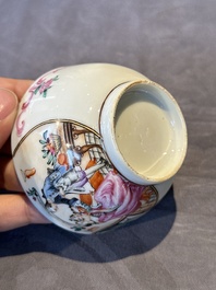 Three Chinese export famille rose 'European subject' cups and two saucers, Qianlong