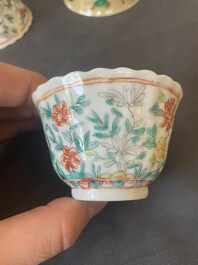 Two pairs of Chinese famille verte cups and saucers, Kangxi